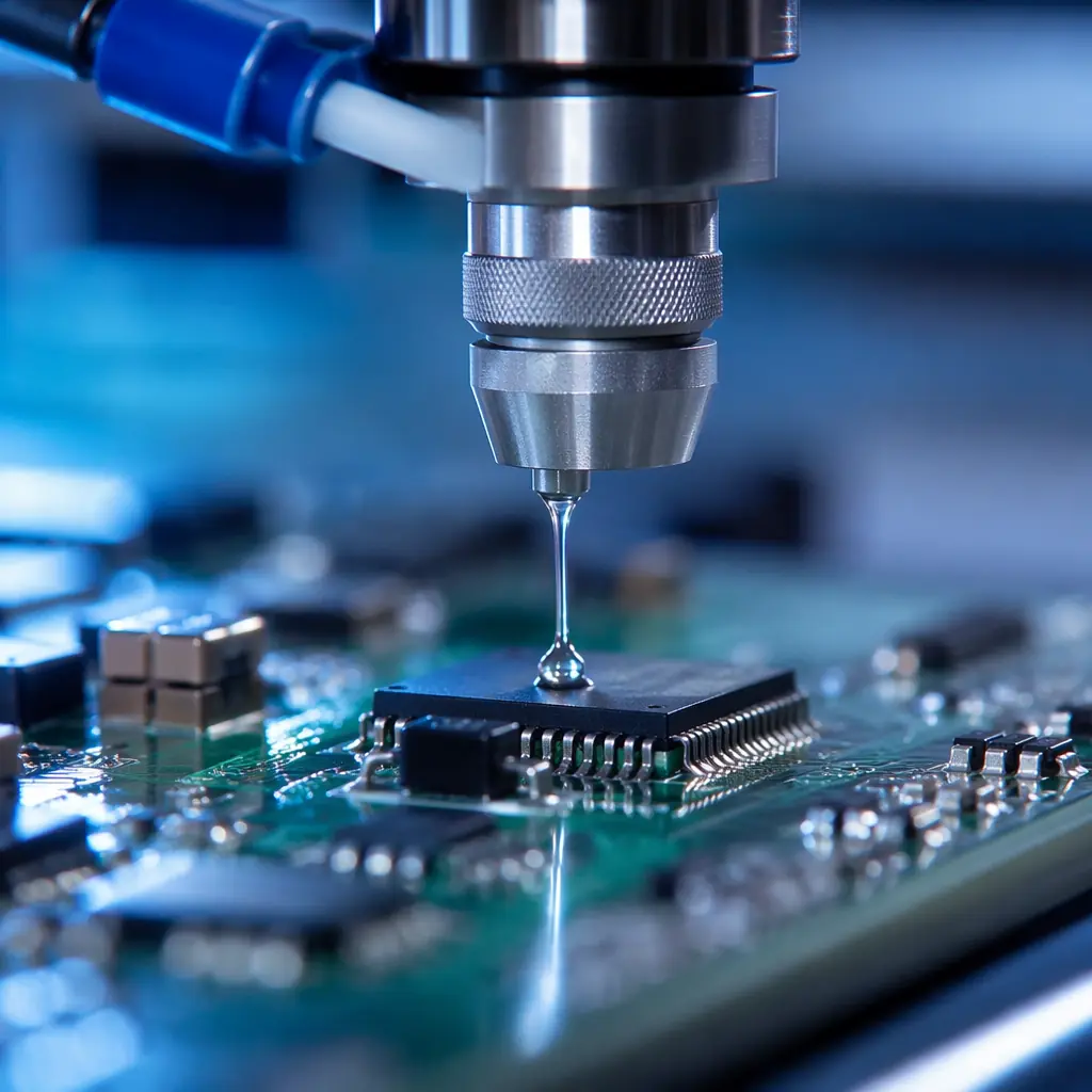 Macro photograph of an automated conformal coating dispensing nozzle applying a precise stream of clear protective coating onto a circuit board, tiny droplet at the nozzle tip, blue industrial lighting, shallow depth of field