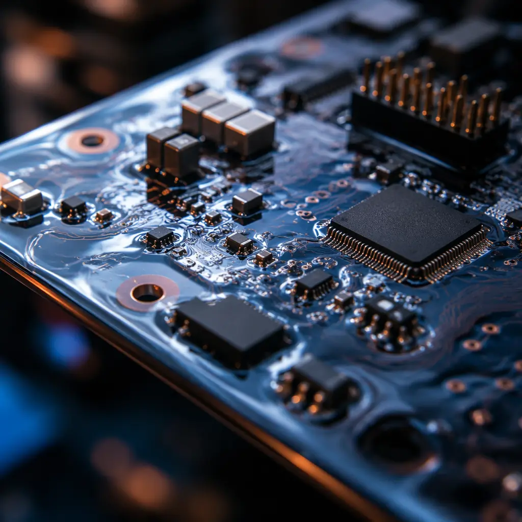 Macro close-up of a circuit board with glossy conformal coating applied, transparent protective layer catching light, electronic components visible beneath coating film, dark navy background with warm copper ambient light
