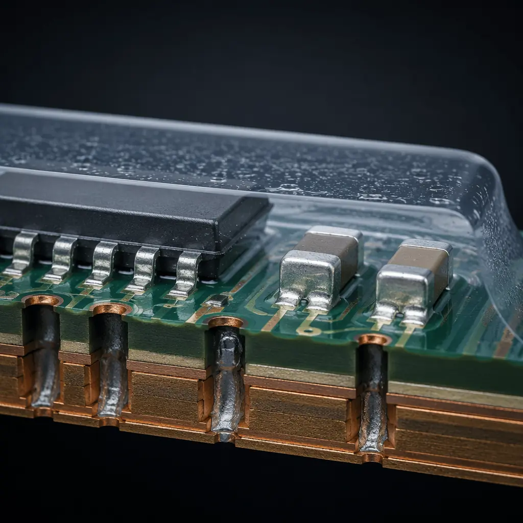 Photorealistic 3D cross-section render of a PCB assembly showing a transparent conformal coating layer applied over surface-mount components and solder joints, distinct material layers visible in cutaway view