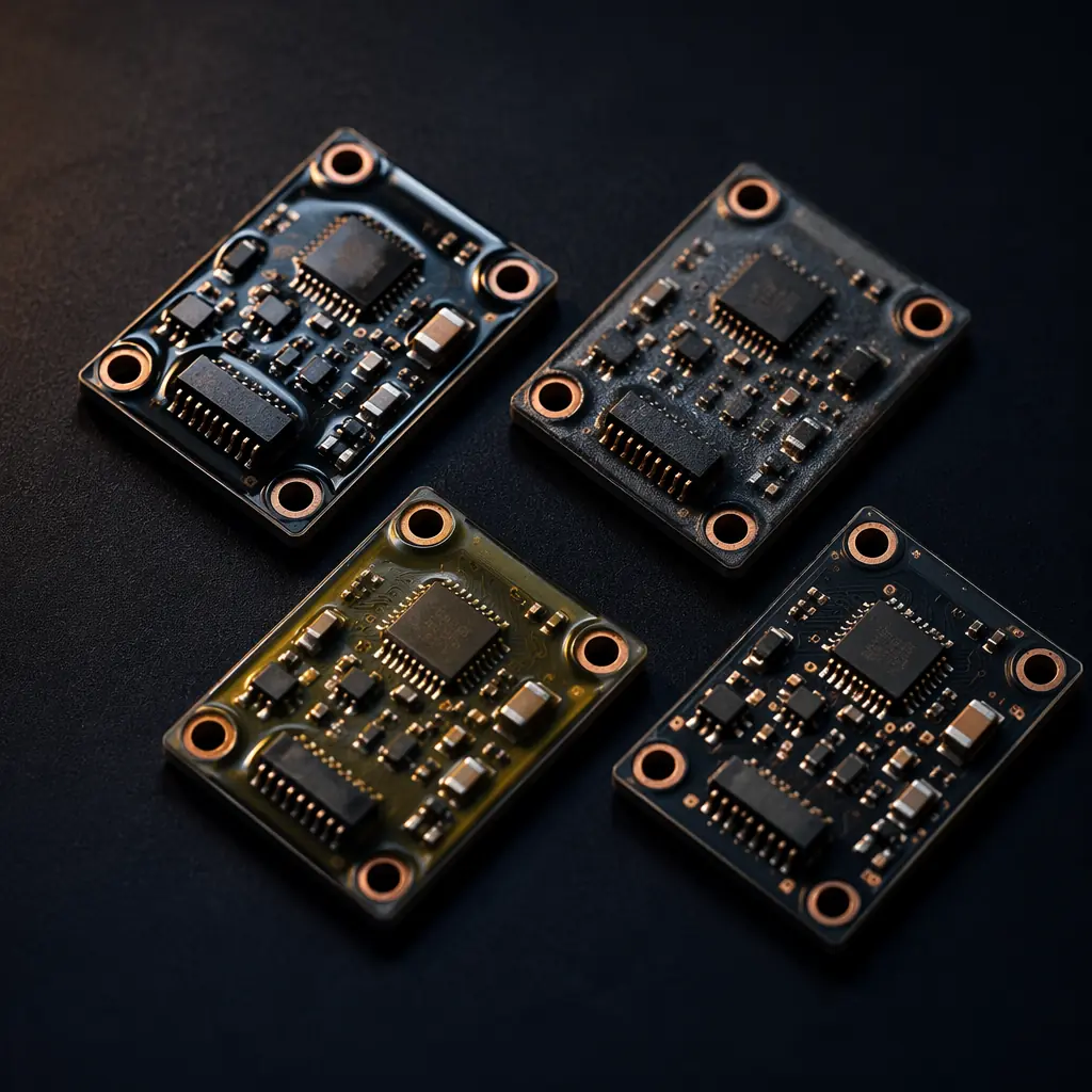 Four identical small PCB sections arranged on a dark navy surface, each with different conformal coating finish — one glossy transparent, one matte textured, one with subtle amber tint, one ultra-thin — studio macro shot with warm copper accent lighting