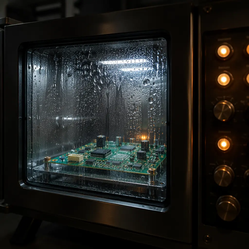 Close-up of a PCB assembly inside an environmental test chamber, condensation droplets on chamber glass window, warm copper indicator lights on the control panel, controlled humidity testing in progress