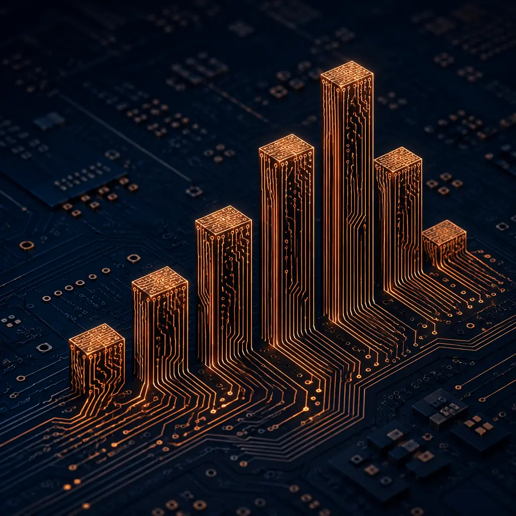 Abstract bar chart made of PCB traces rising from a circuit board, with cost breakdown segments in navy and copper tones against a dark industrial background