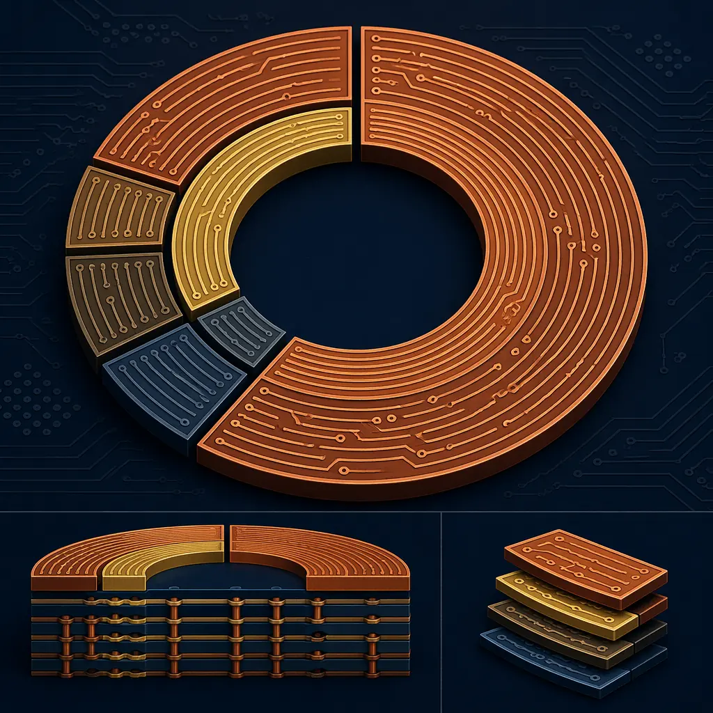 Donut chart visualization showing the 7 cost components of PCB assembly with proportional segments — BOM dominating at 50-70%, labor at 10-20%, others visualized in descending order
