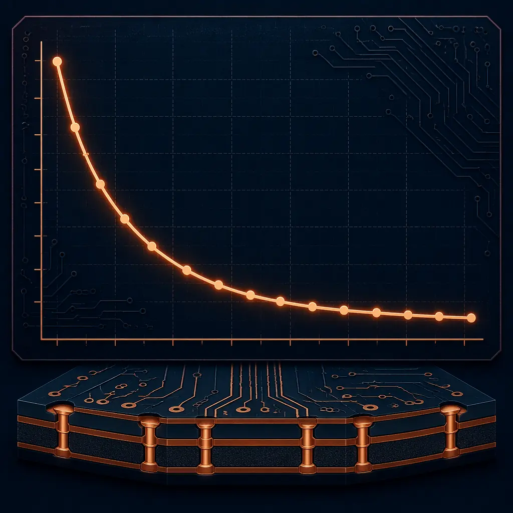 Line chart showing per-board cost on the Y-axis descending from $30 at 500 units to $23.60 at 5,000 units, with volume on X-axis — showing the diminishing returns of scale beyond ~2,000 units