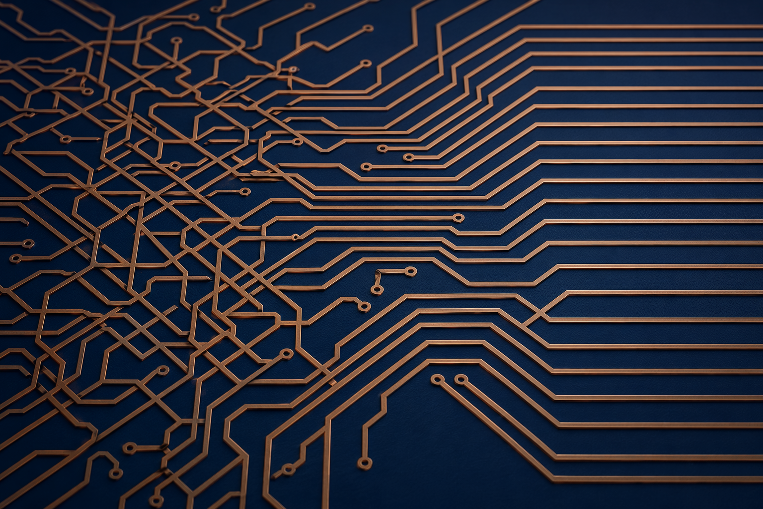 Abstract PCB trace routing pattern transitioning from chaotic to orderly, representing DFM optimization