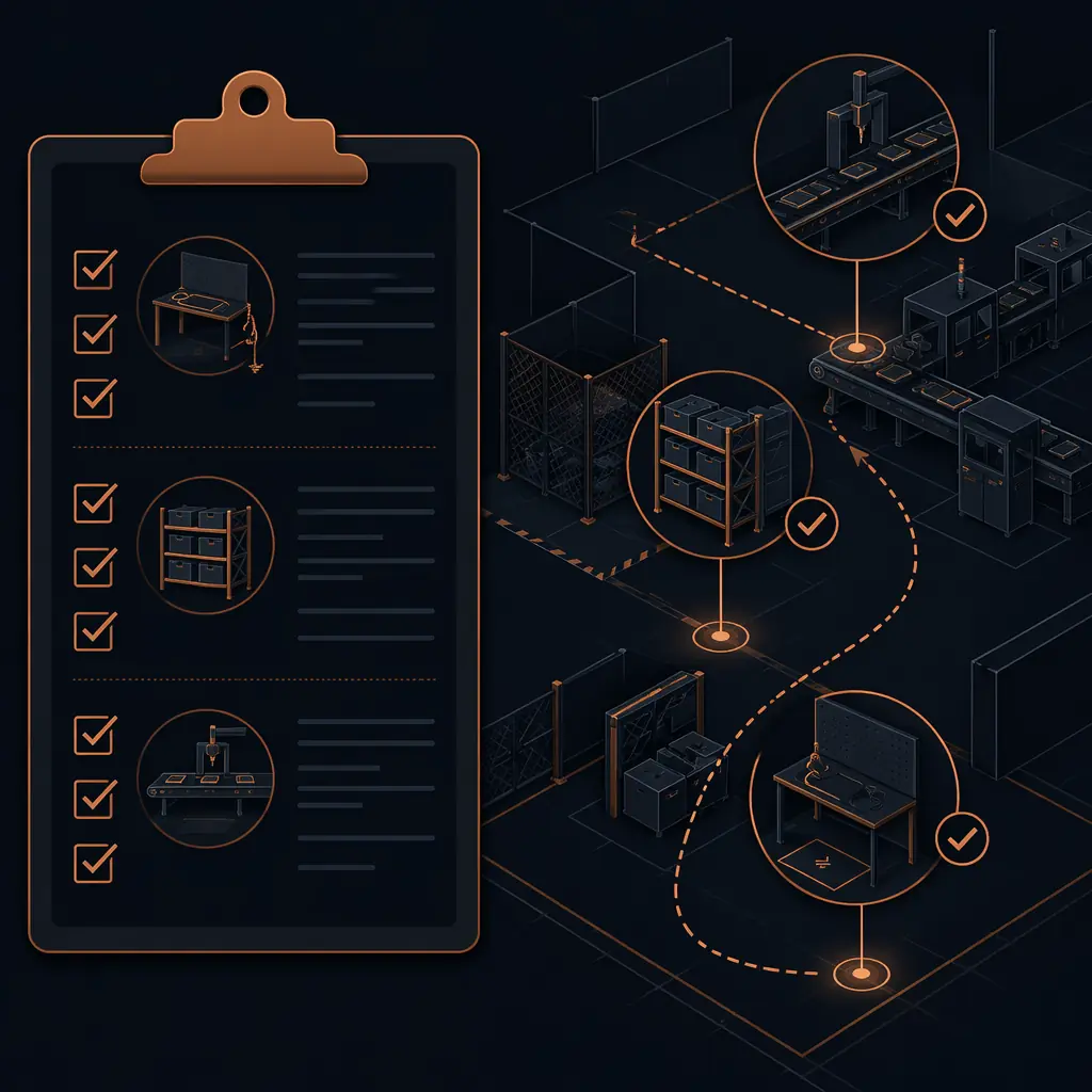 Checklist-style illustration of a factory audit walkthrough, showing key inspection points — ESD station, component storage, SMT line, reflow area