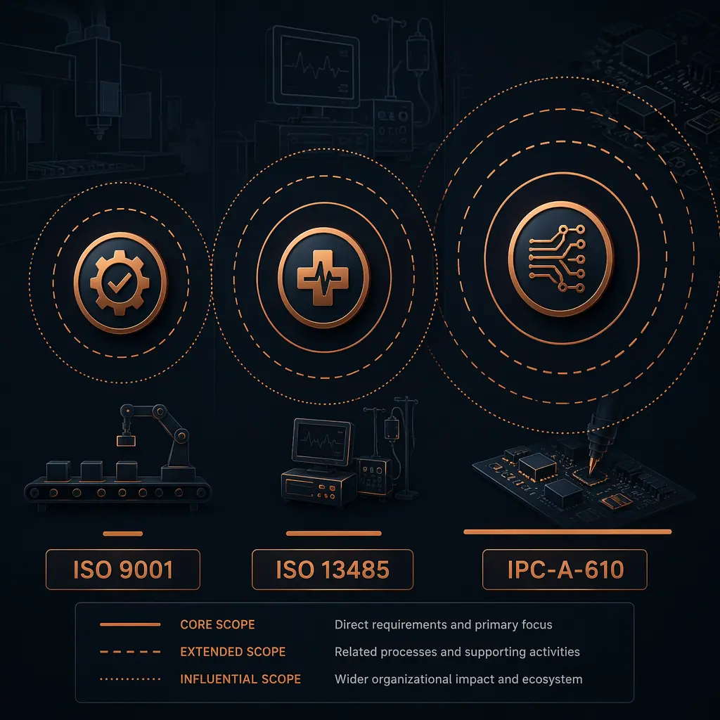 Visual comparison of ISO 9001, ISO 13485, and IPC-A-610 Class 2/3 certification scopes, showing which applies to each product category