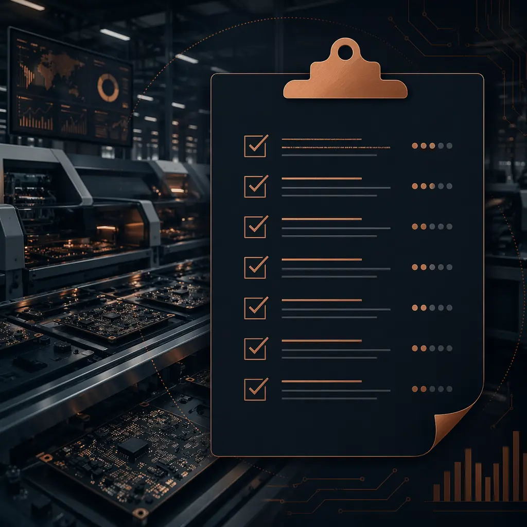 Abstract illustration of a procurement checklist overlaying a PCB assembly factory floor, navy and copper industrial tones
