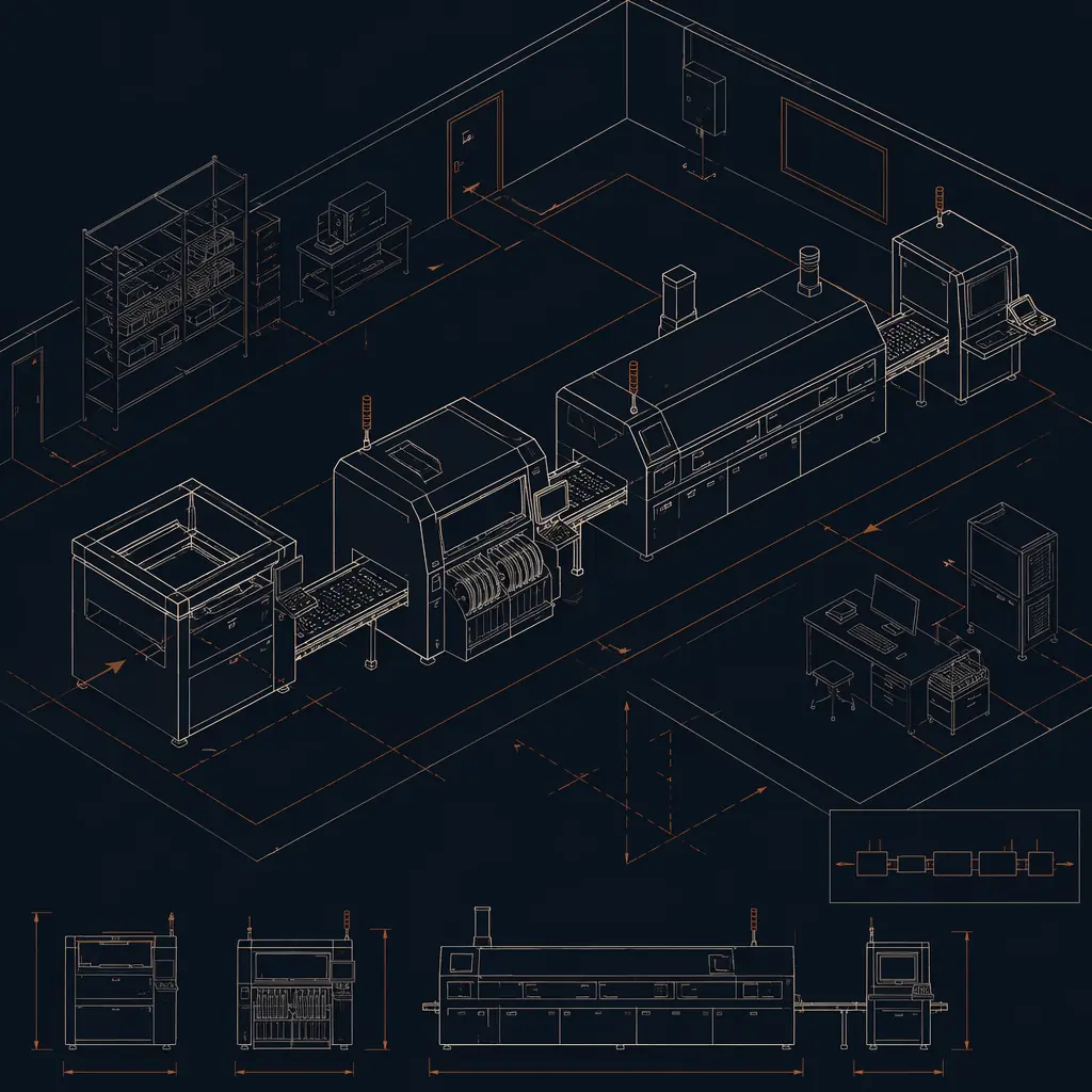 Line drawing style illustration of an SMT production line layout with labeled equipment stations — printer, pick-and-place, reflow, AOI
