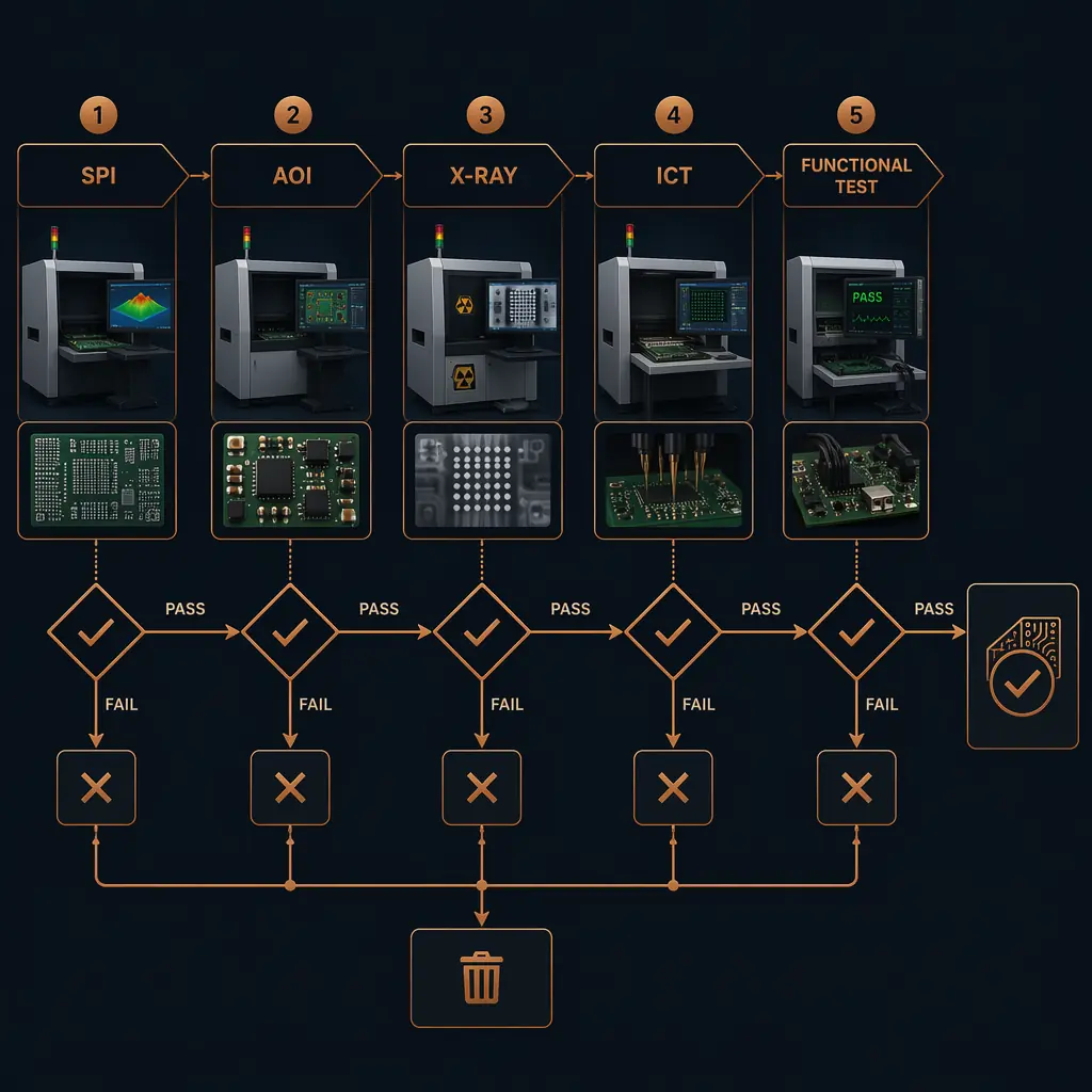 Process flow diagram showing quality gates in PCB assembly — SPI, pre-reflow AOI, post-reflow AOI, X-ray, ICT, functional test