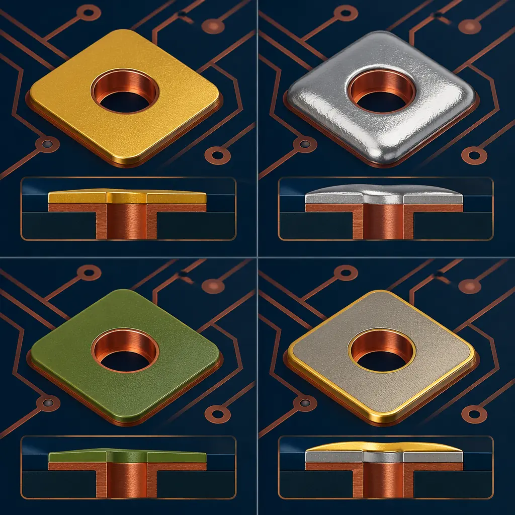 Side-by-side visual comparison of the four surface finishes on identical PCB pads — color-coded with gold ENIG, silver HASL, green-tinted OSP, and dual-tone ENEPIG