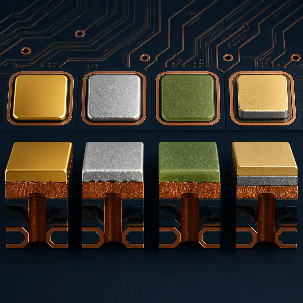 Abstract cross-section of four PCB pads with different surface finishes — gold ENIG, silver HASL, organic OSP, and dual-layer ENEPIG — navy and copper industrial tones