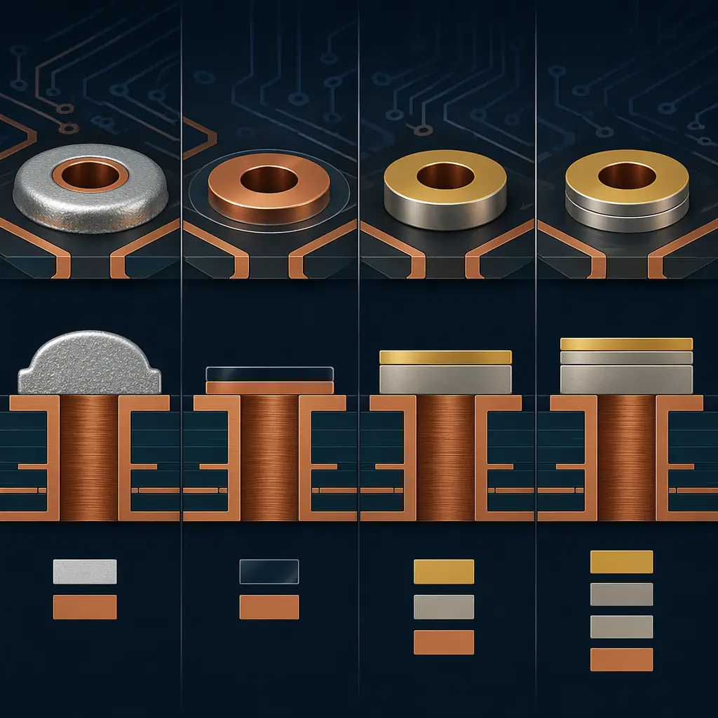 Technical cross-section diagram comparing the layer structure of HASL, OSP, ENIG, and ENEPIG finishes on a copper pad — showing Ni, Pd, Au layers to scale