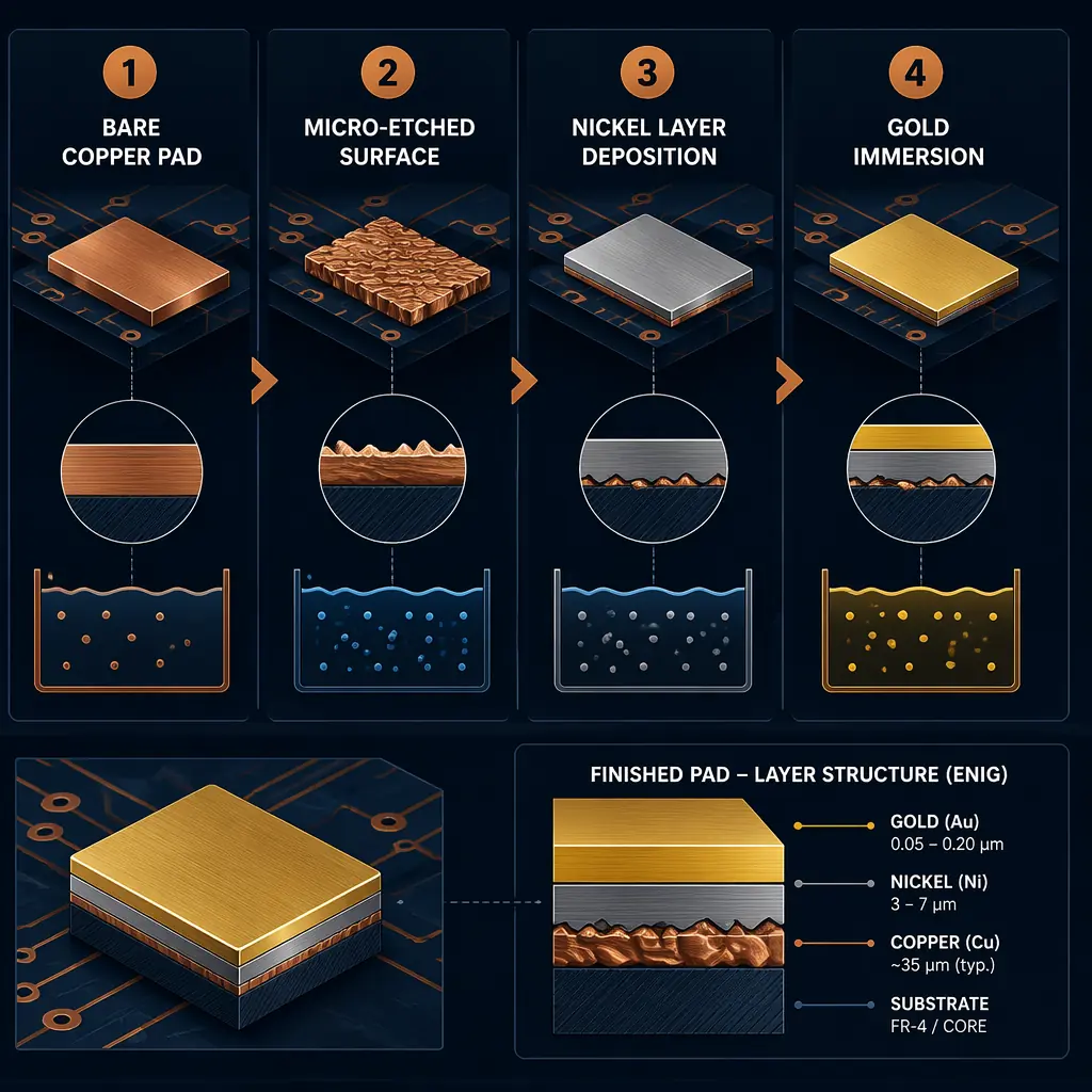 Process flow diagram of ENIG plating — copper pad → microetch → nickel deposition → gold immersion → finished pad cross-section with labeled layer thicknesses