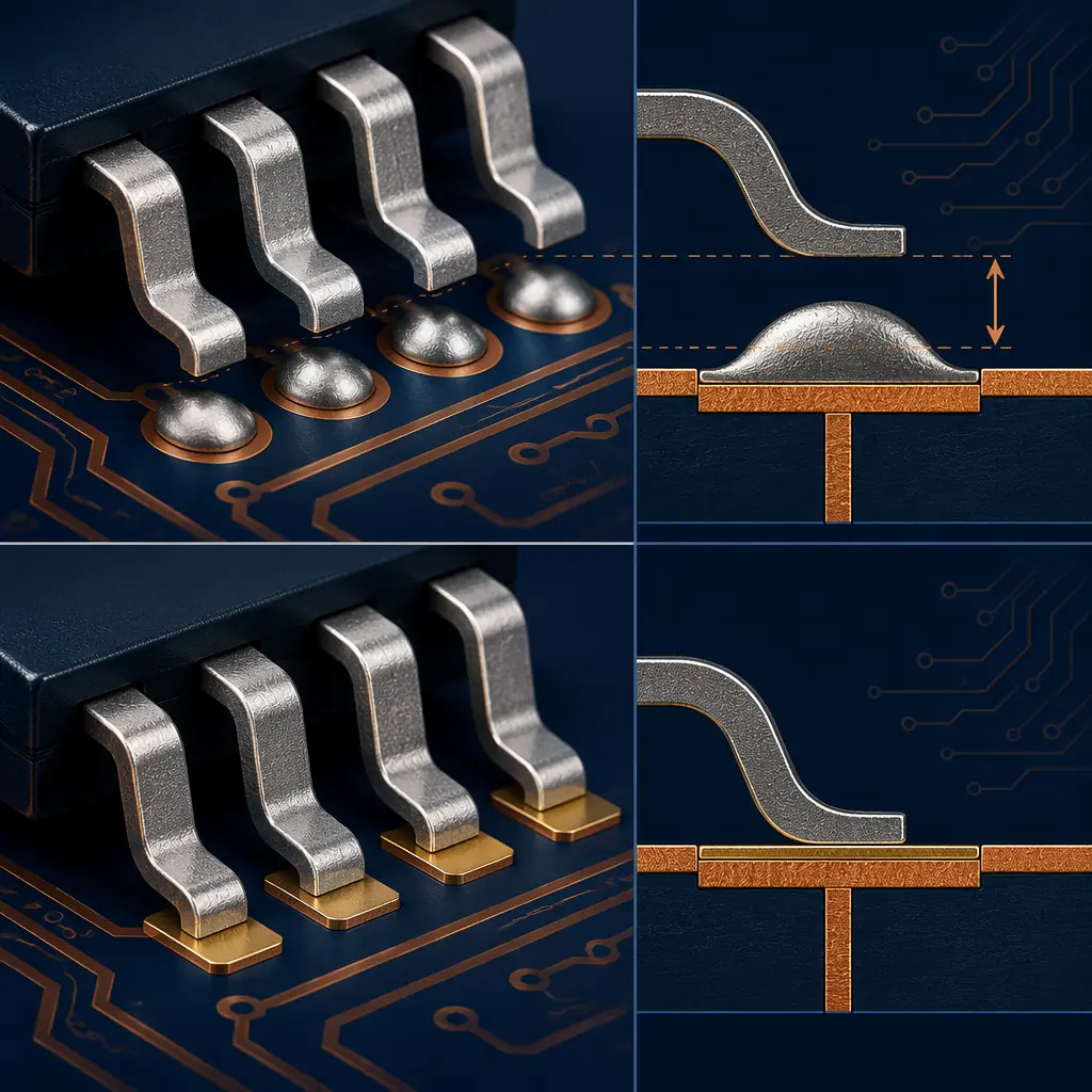 Illustration comparing HASL dome-shaped pad surface against a perfectly flat ENIG surface, with a fine-pitch component leads showing the contact gap on the domed surface