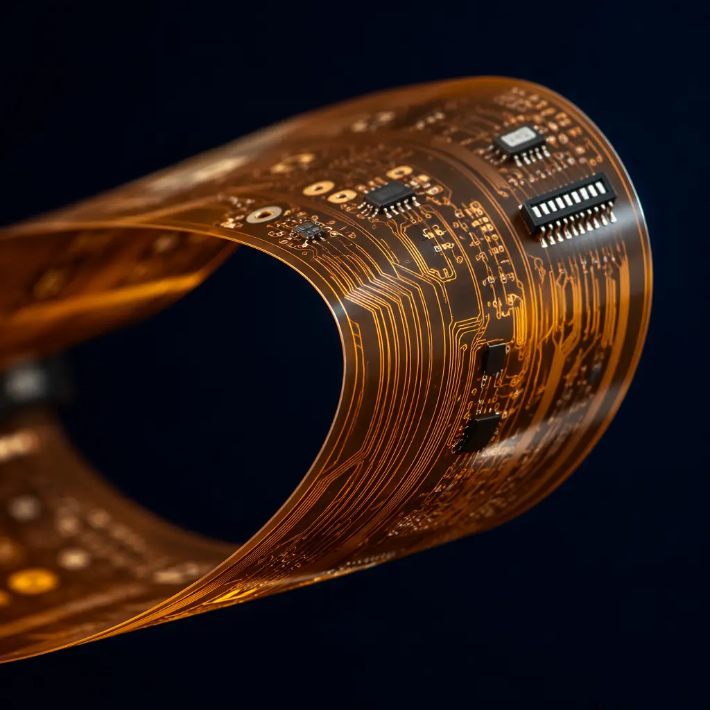 Photorealistic macro close-up of a flex PCB circuit bending gracefully with copper traces visible through translucent amber polyimide, studio lighting on dark navy surface, copper-toned highlights