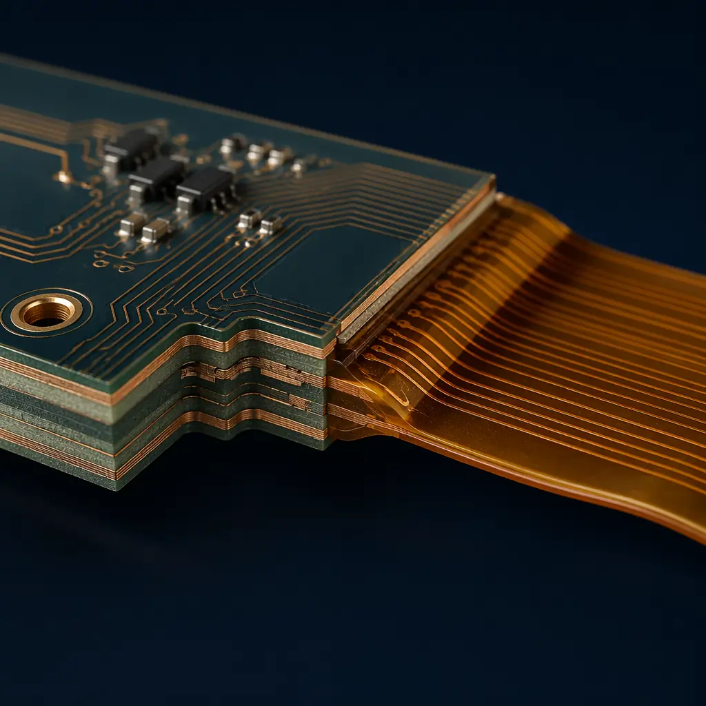 Photorealistic 3D cross-section render of a rigid-flex PCB transition zone showing FR-4 rigid section transitioning to amber polyimide flex layer with copper traces visible at the boundary, precision engineering aesthetic on dark surface