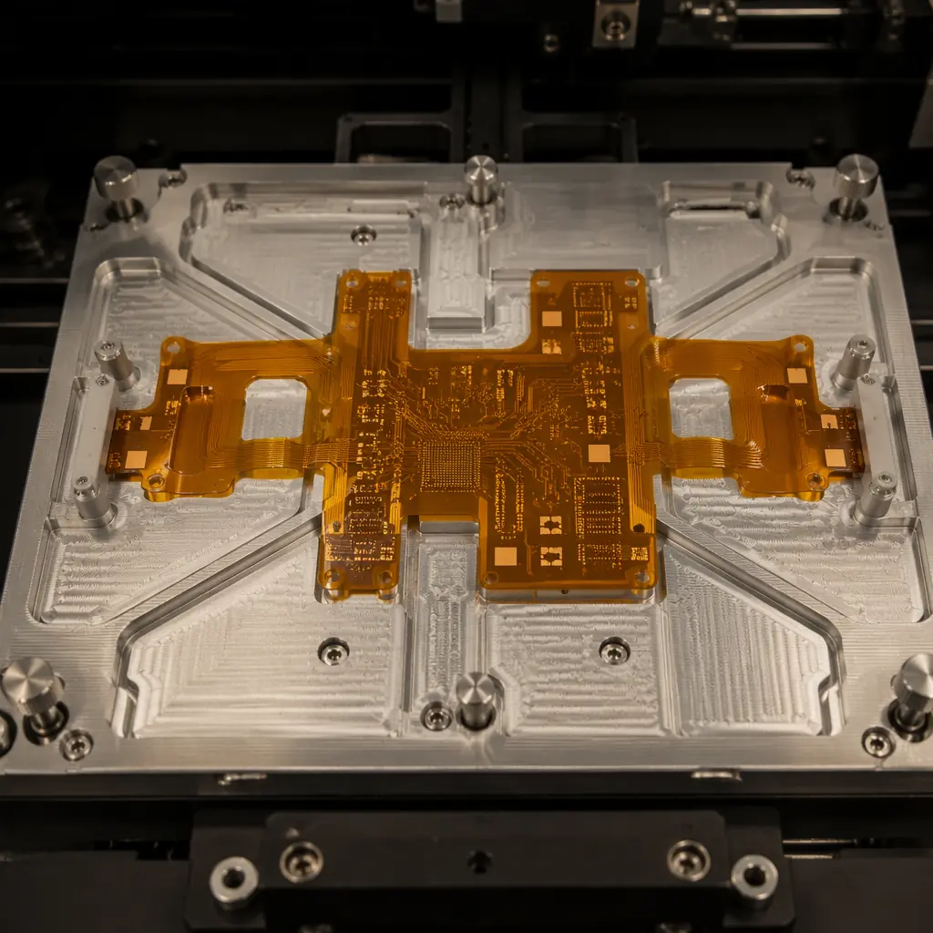 Photorealistic close-up of a flex PCB held flat on a machined aluminum carrier pallet inside an SMT assembly machine, amber flex circuit with copper pads visible against silver aluminum fixture, clean industrial lighting, precision engineering aesthetic