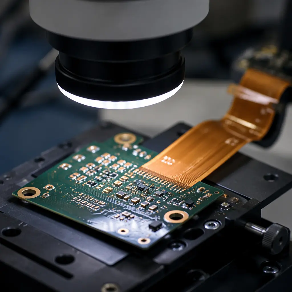 Photorealistic macro view of a rigid-flex PCB undergoing optical inspection under a microscope, amber flex section curving away from the dark green rigid section, precise lighting with copper reflections, quality control laboratory aesthetic