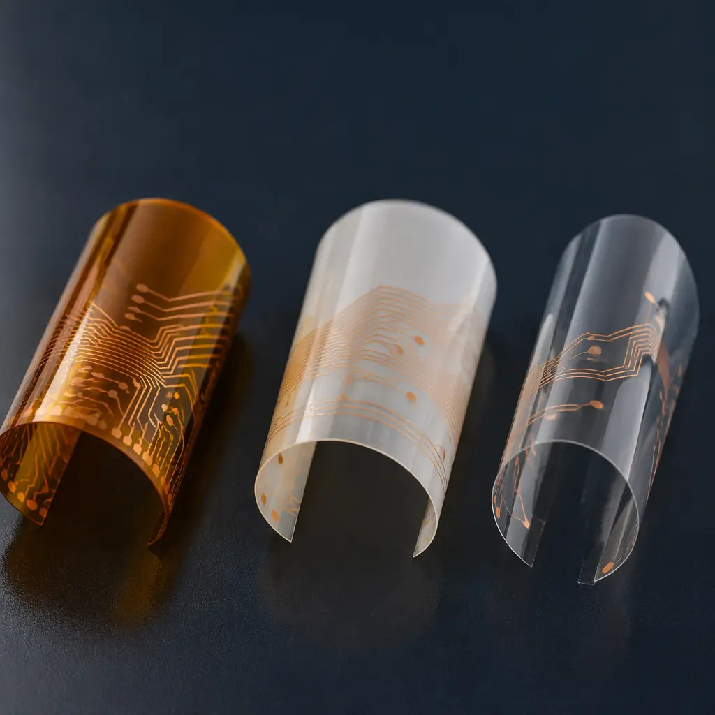 Photorealistic side-by-side comparison of three flex PCB material samples on dark navy surface: amber polyimide, translucent LCP, and thin PET, each bent at different radius showing material flexibility characteristics, macro studio shot with copper accent reflections