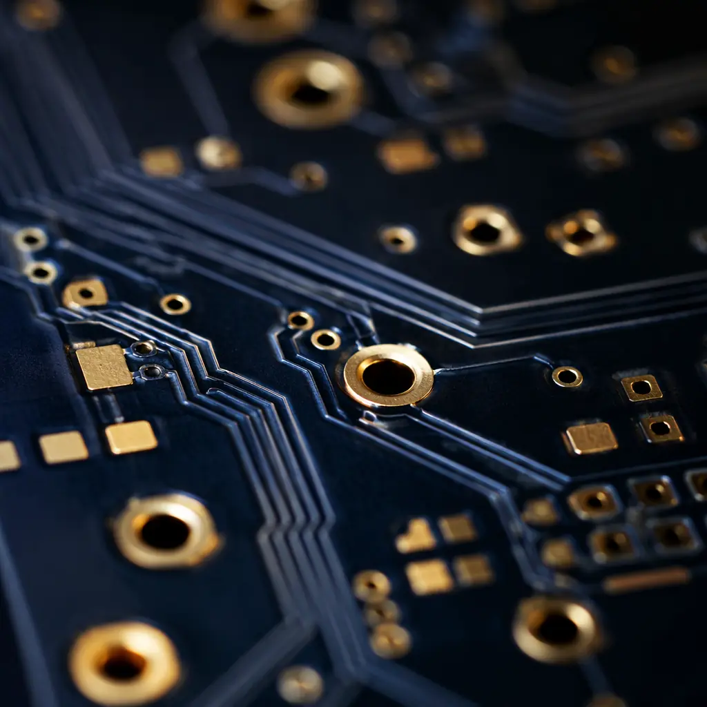 Macro photograph of a medical device PCB with gold-plated pads and ultra-fine traces on a clean navy-blue surface, surgical-grade precision aesthetic with copper-toned ambient reflections