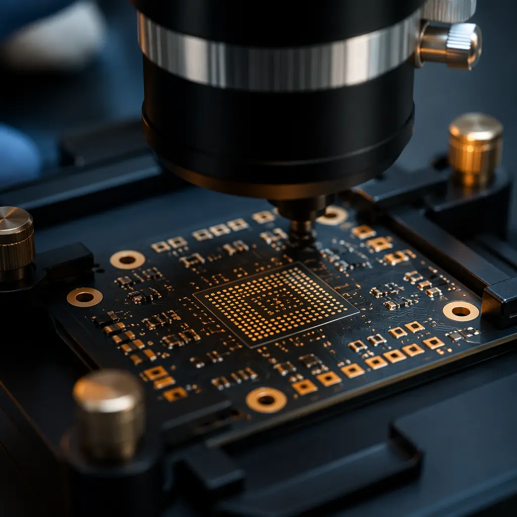 Close-up macro photograph of a medical PCB undergoing optical inspection under a stereo microscope, gold ENIG pads reflecting warm copper light on dark navy anti-static work surface, surgical-precision aesthetic