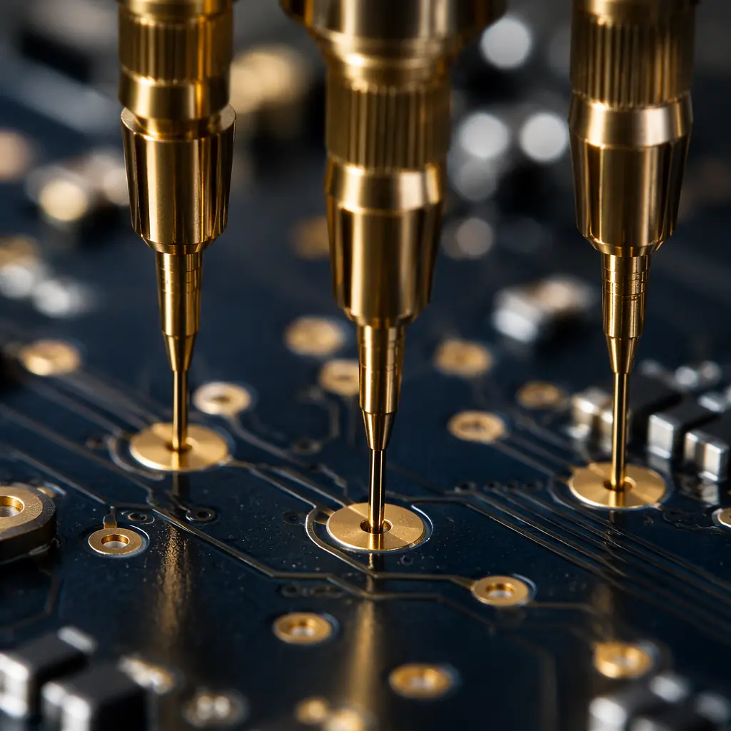 Close-up macro shot of flying-probe test pins making contact with test points on a medical device PCB, dark navy soldermask background, gold ENIG pads, copper-toned equipment reflections