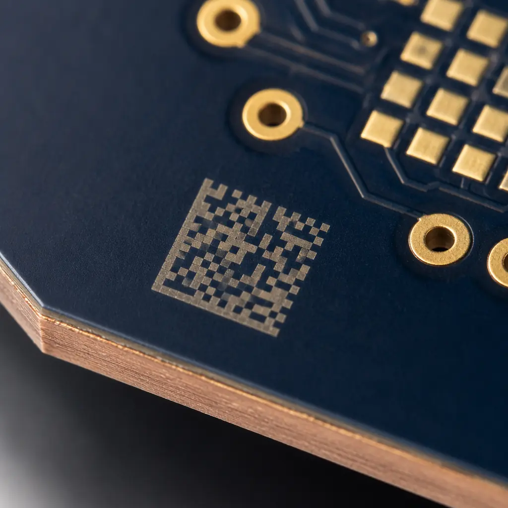 Macro photo of a medical PCB with visible 2D data matrix code laser-etched on the board edge, gold pads reflecting warm light, dark navy surface with copper accent, clean industrial aesthetic