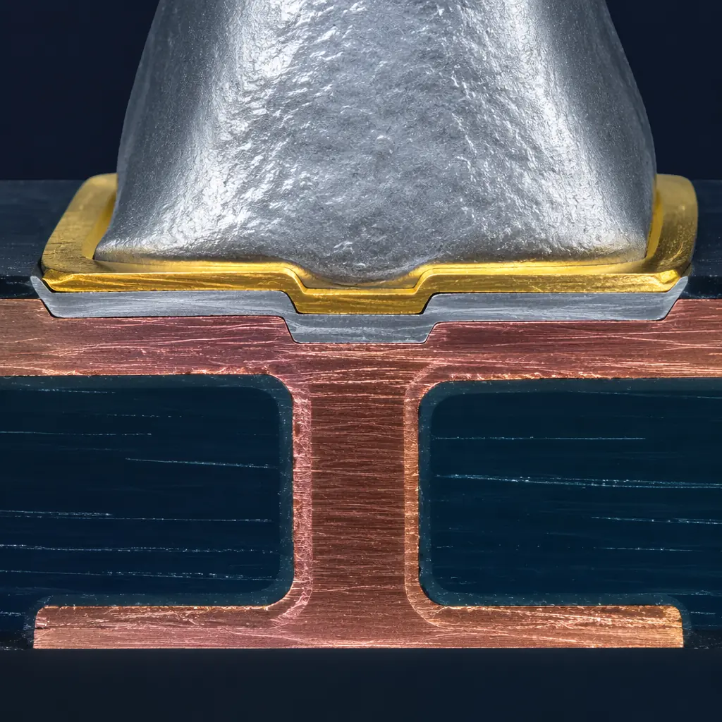 Photorealistic 3D cross-section render of a PCB solder joint showing distinct intermetallic layers between copper pad and SAC305 solder alloy, gold ENIG surface finish visible, clean void-free structure, navy and copper tones