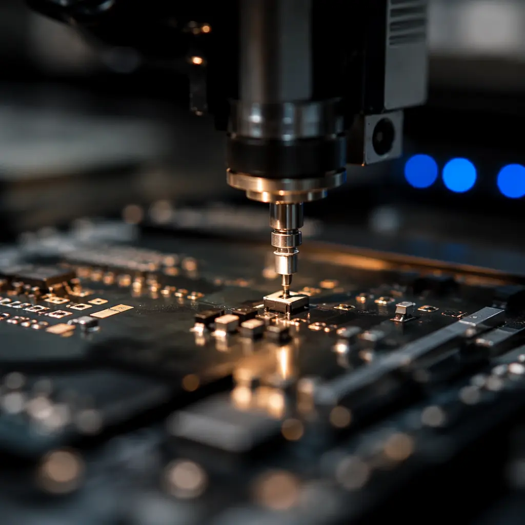 Photorealistic macro detail shot of an SMT pick-and-place machine nozzle precisely placing a tiny surface-mount component onto a circuit board, motion blur on the nozzle tip, solder paste deposits catching warm copper light, dark industrial setting with blue status LEDs out of focus