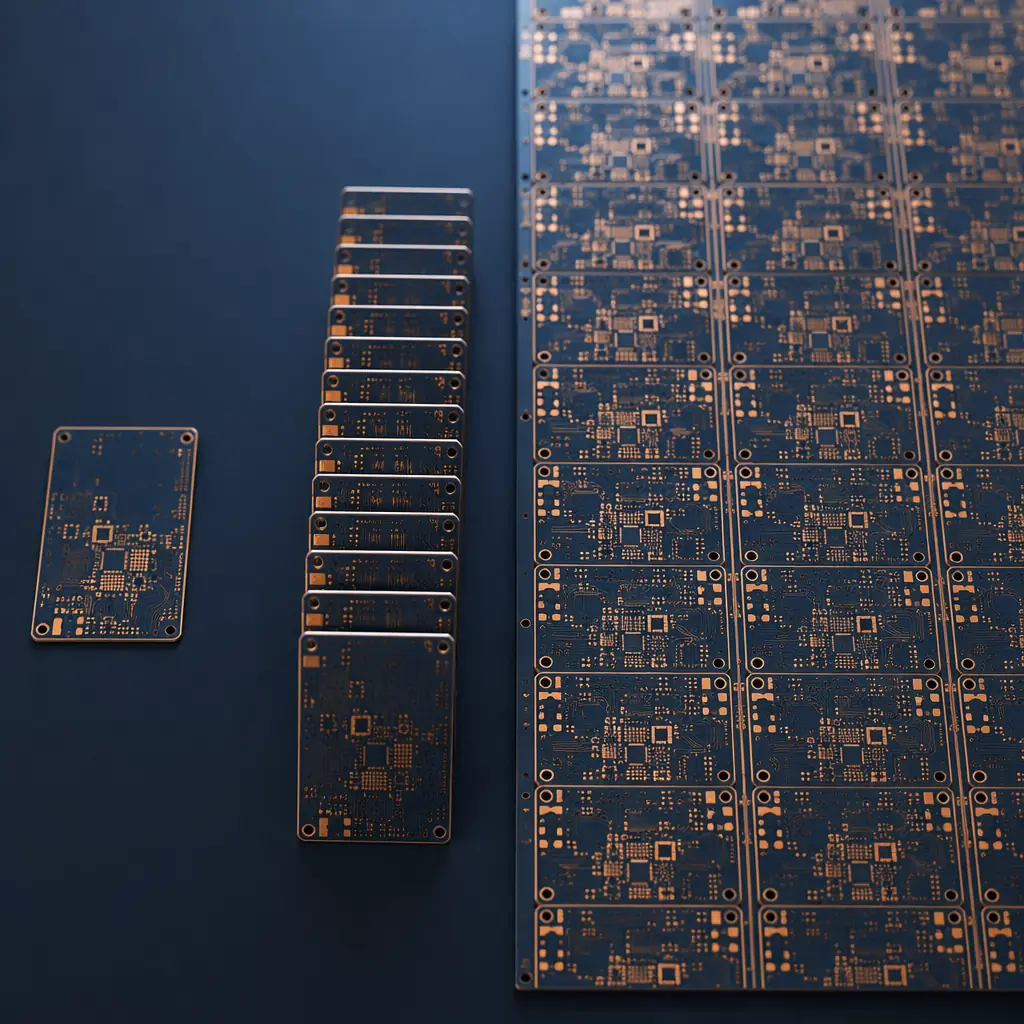 Photorealistic macro photograph of identical bare PCB circuit boards arranged in a progression — single board on the left, row of ten boards in the center, dense grid of many boards on the right, all on a dark navy surface with warm copper accent lighting, representing the transition from prototype to volume production
