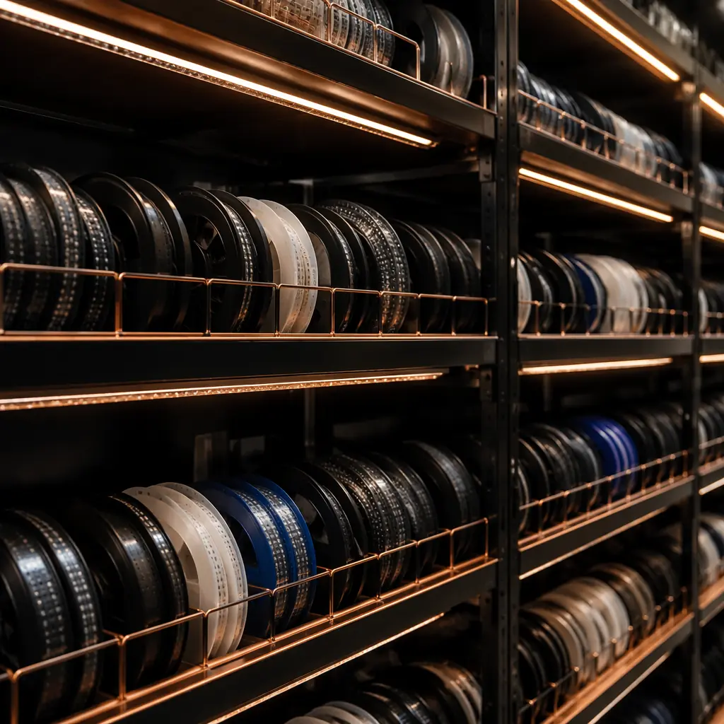 Photograph of neatly arranged electronic component reels on industrial storage racks, organized by part number labels, warm copper accent strip lighting along the rack edges, dark navy background, representing organized supply chain for production scaling