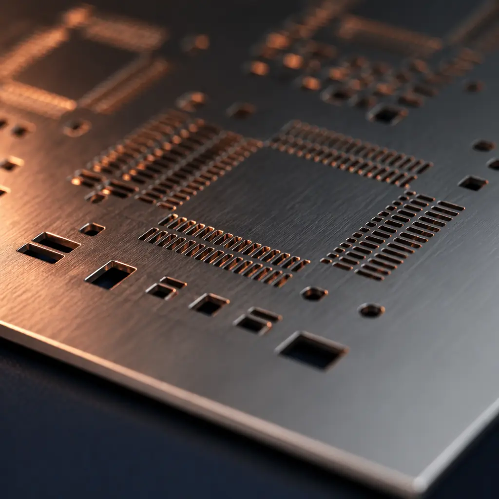 Close-up macro shot of a laser-cut stainless steel SMT stencil with precise aperture patterns for fine-pitch components, warm copper light reflecting off the polished steel surface, shallow depth of field showing stencil thickness and aperture detail, industrial photography style with dark navy background