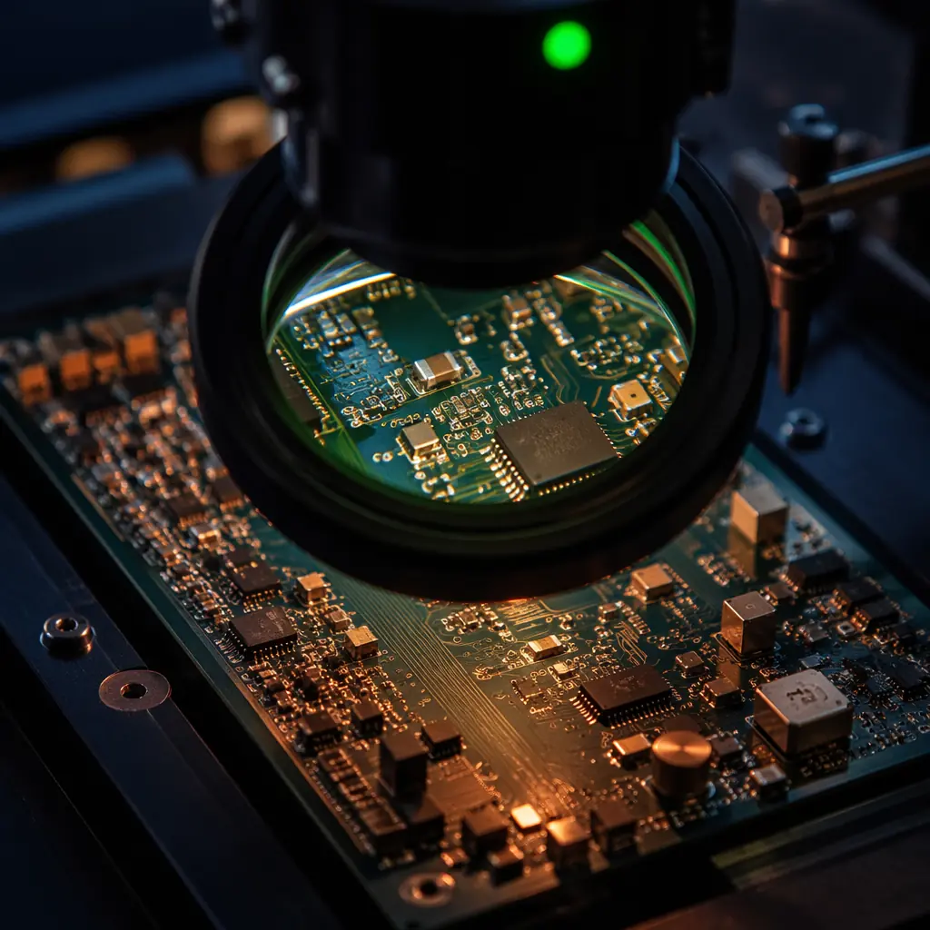 Macro photograph of a populated PCB circuit board under a magnifying inspection lens, with a green pass indicator light reflecting on the lens surface, circuit traces and solder joints visible beneath the magnifier, warm copper ambient light, dark navy industrial background