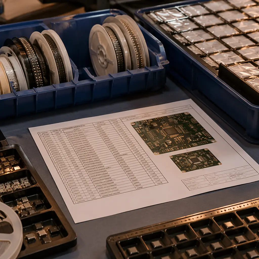 Photorealistic 3D render of a PCB assembly BOM document on a workbench, surrounded by component reels and trays in navy-blue ESD-safe bins with copper-toned ambient reflections