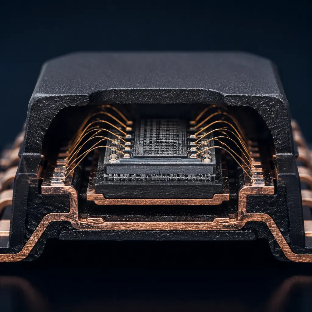 Photorealistic 3D cross-section render of a semiconductor IC package revealing internal die, bond wires, and lead frame structure — industrial quality inspection aesthetic on dark navy background with copper-toned metallic layers