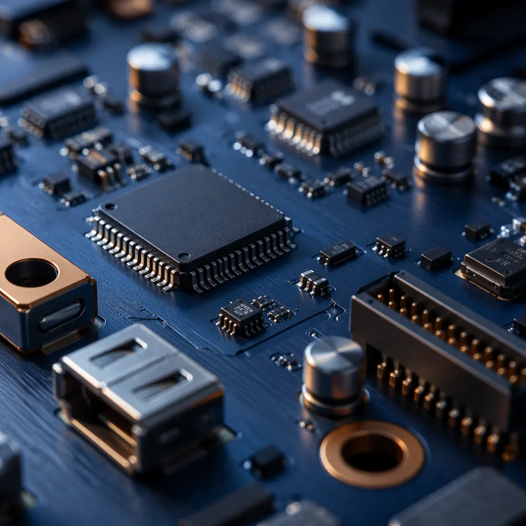 Close-up macro photograph of electronic components on a dark navy surface with warm copper reflections — microcontrollers, capacitors, and connectors arranged with industrial precision