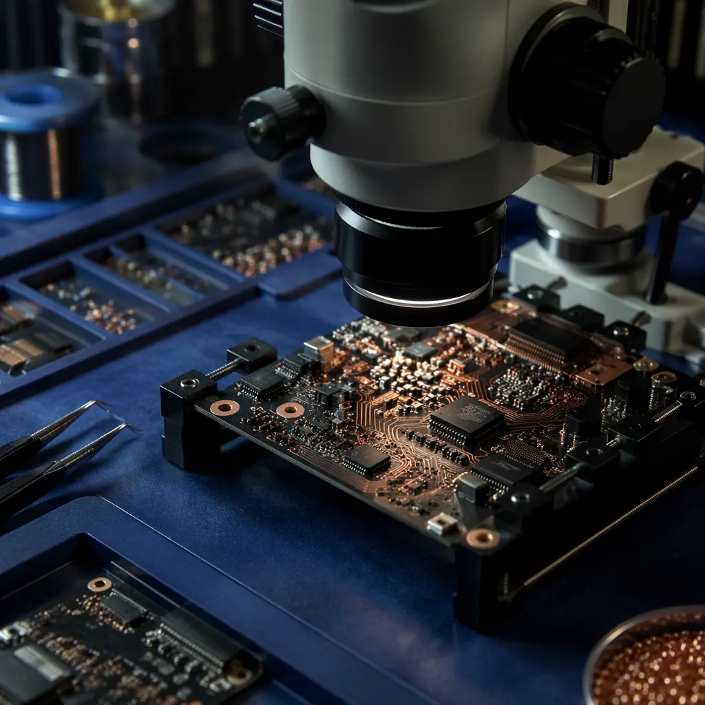 Close-up macro shot of a PCB assembly workbench with microscope inspecting a component on a partially assembled circuit board, navy-blue anti-static mat, copper-colored ambient reflections