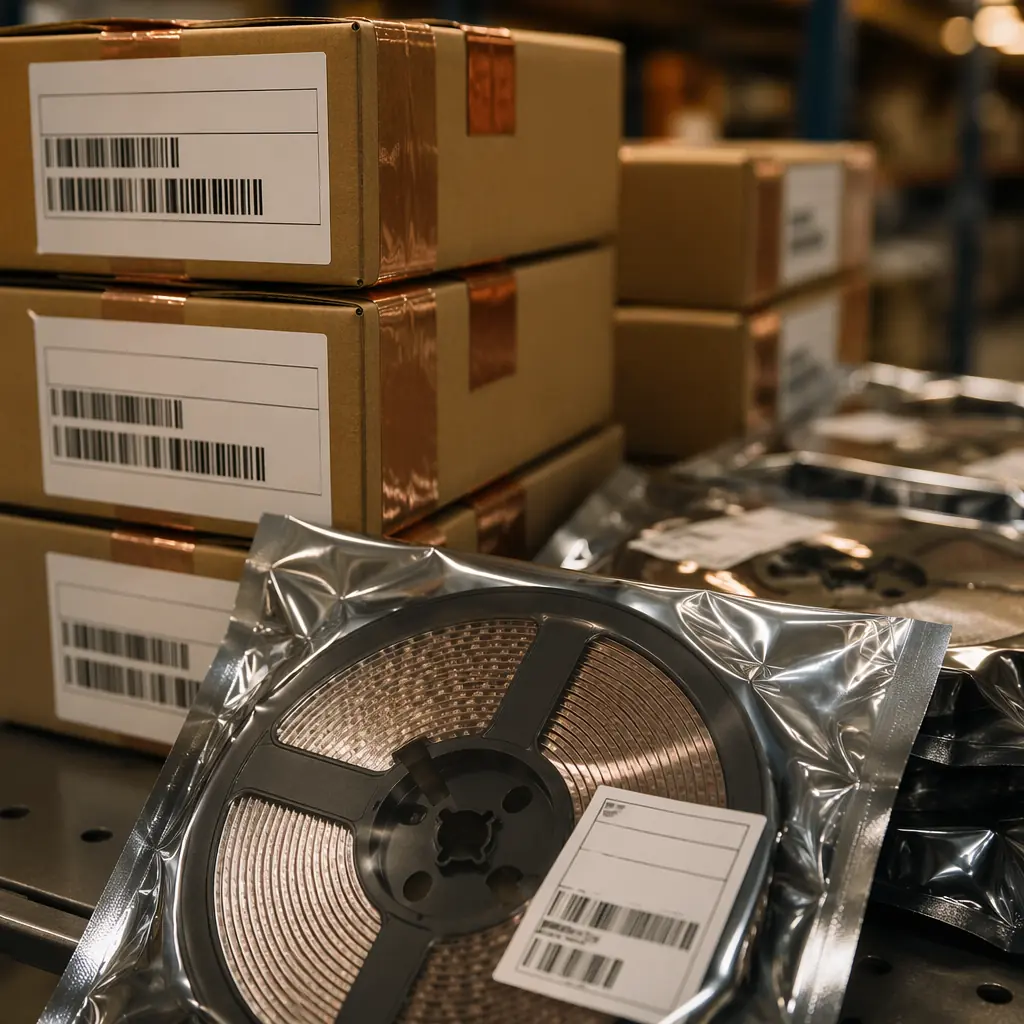 Macro photo of stacked component shipping boxes with barcode labels on a factory receiving dock shelf, warm industrial lighting with copper accents, semiconductor reels visible in ESD packaging