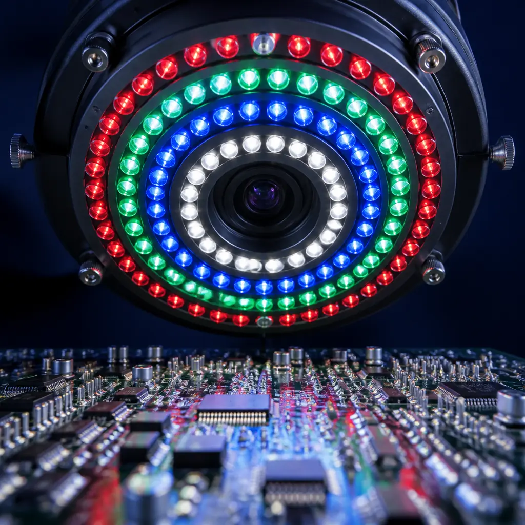 Extreme macro photograph of an AOI camera head inspecting a densely populated PCB — multiple angle LED ring lights in red, green, blue reflecting off solder joints, sharp focus on component leads, dark navy background