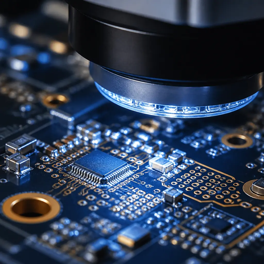 Macro photograph of a PCB under inspection — automated optical inspection camera lens focused on solder joints, navy and copper industrial tones with blue-white inspection lighting