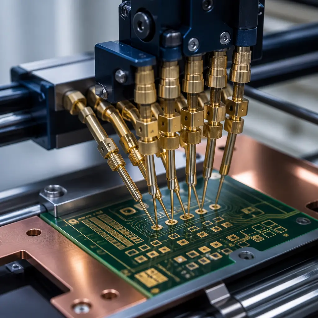 Macro photograph of flying probe test heads contacting a PCB — multiple gold-plated probe needles touching test pads on a green PCB surface, precision positioning mechanism visible, clean laboratory environment, navy and copper industrial tones