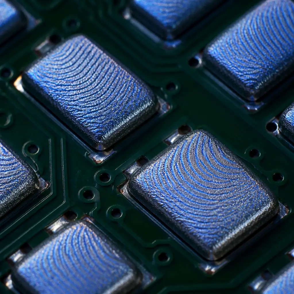 Close-up macro photograph of solder paste inspection — a PCB pad with precisely deposited solder paste under structured blue light, visible Moiré fringe pattern on the paste surface, industrial laboratory lighting