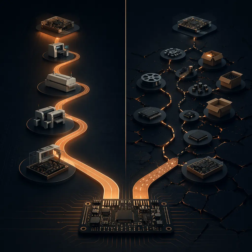 Abstract illustration showing two PCB assembly supply chain paths — one fully managed and one component-split — rendered in navy and copper industrial tones