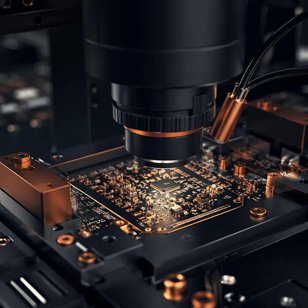 Industrial close-up showing component inspection station with microscope and X-ray comparison imagery, navy and copper accent tones