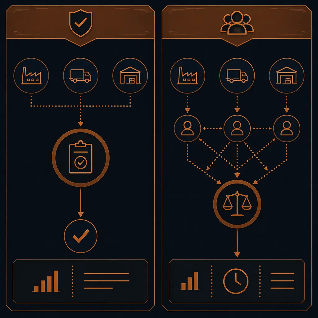 Split comparison showing turnkey single-accountability structure versus consigned multi-party quality dispute flow