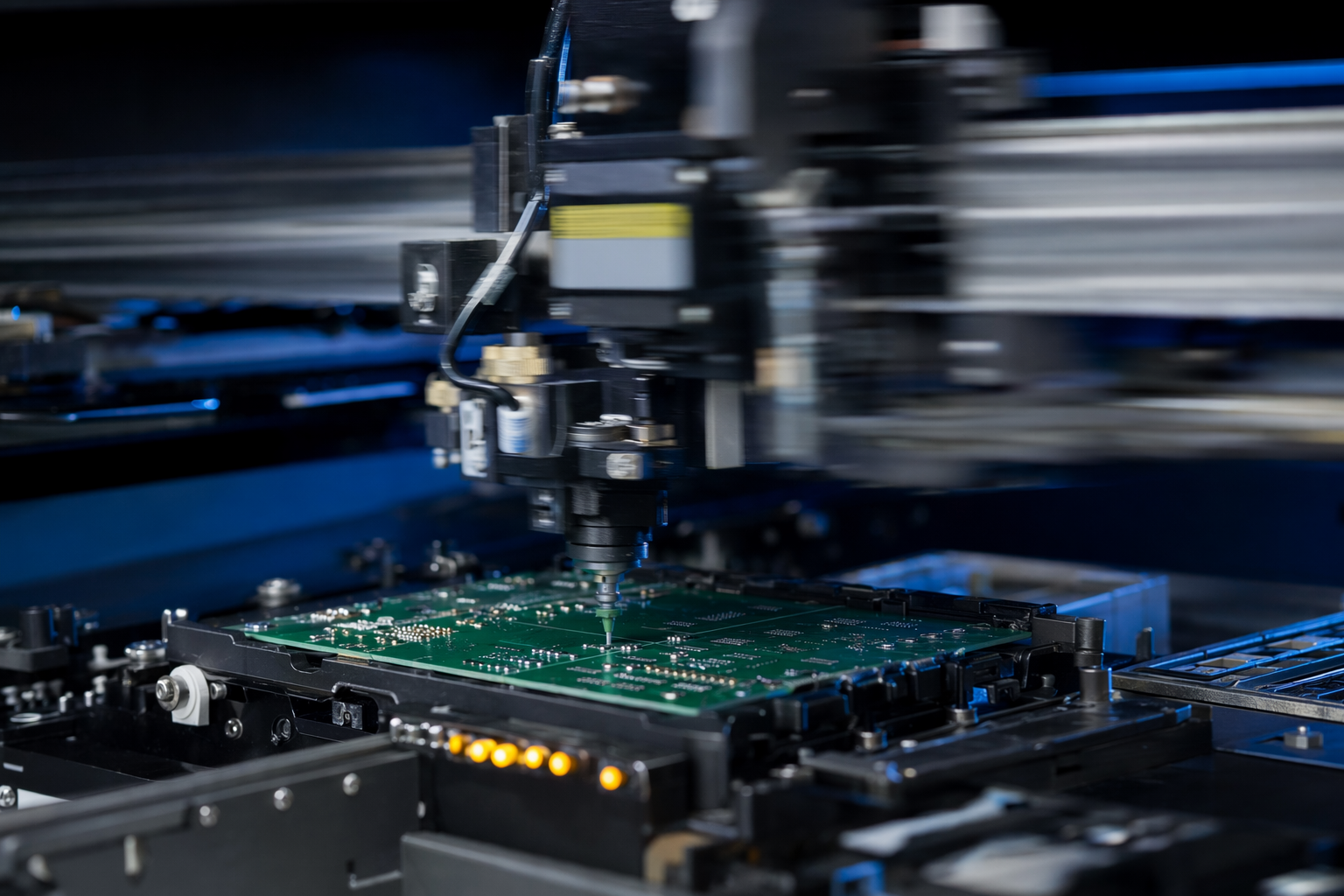 Close-up of automated SMT pick-and-place machine head in motion, nozzle tip in sharp focus above PCB pad, industrial blue lighting