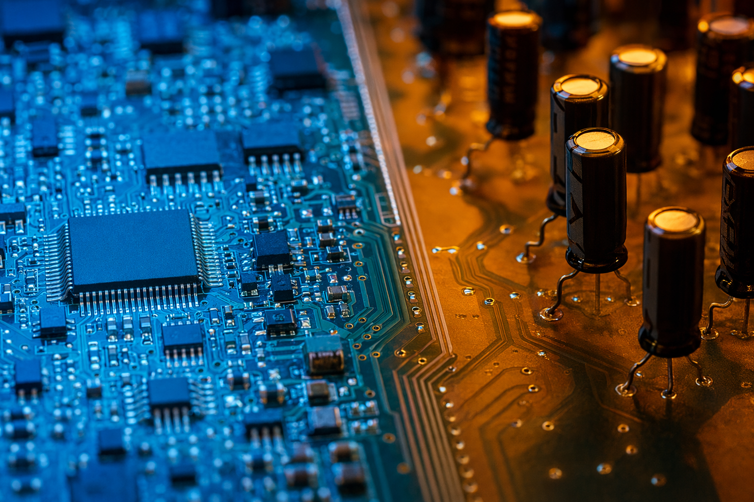 Split composition PCB with dense SMT components on the left side and through-hole capacitor leads on the right, cool blue on left and warm amber on right