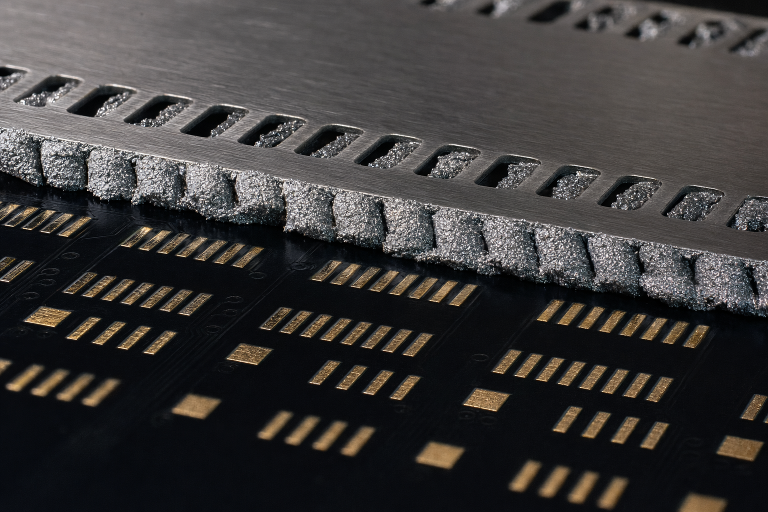 Solder paste extruded through stainless steel stencil onto gold-plated PCB pads, side lighting revealing paste texture