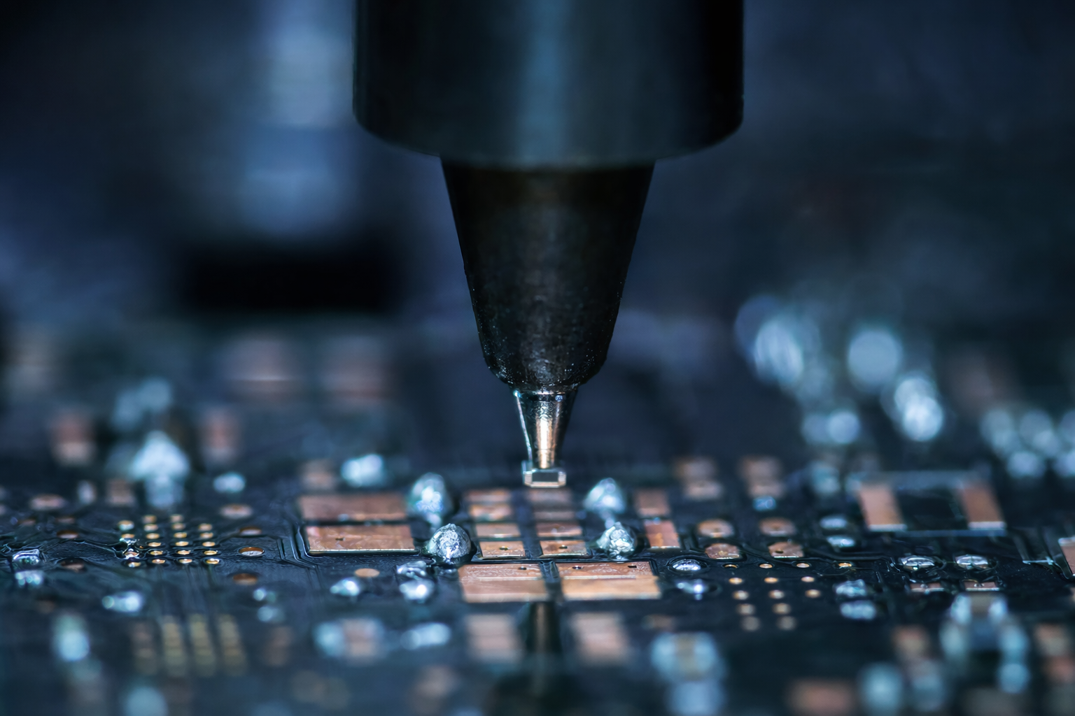 Extreme close-up of vacuum pick-up nozzle placing 0201 chip component onto solder paste on PCB pad, nozzle dominates frame, blue machine lighting
